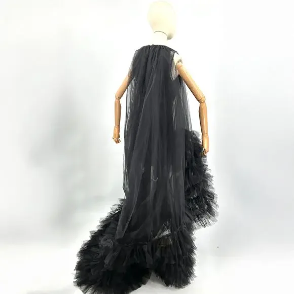 Black Tulle Ruffle High-Low Evening Gown with Interior Mini Dress Slip - Picture 5 of 7